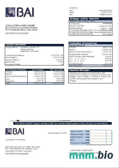 Republika Zielonego Przylądka Bank BAI wyciąg z kredytu hipotecznego szablon Word i PDF